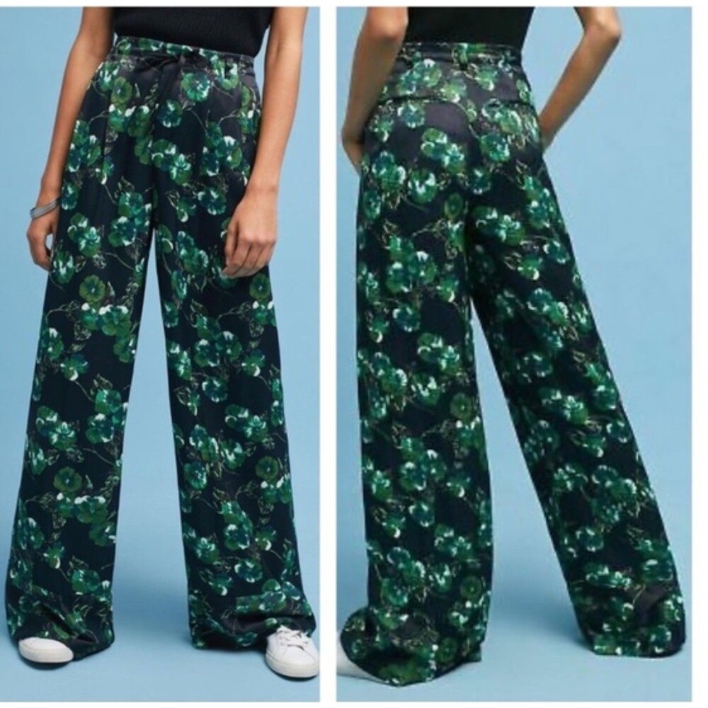 Elevenses Anthropologie Green Floral Wide Leg Silky Pants Size 6 Spring Chic